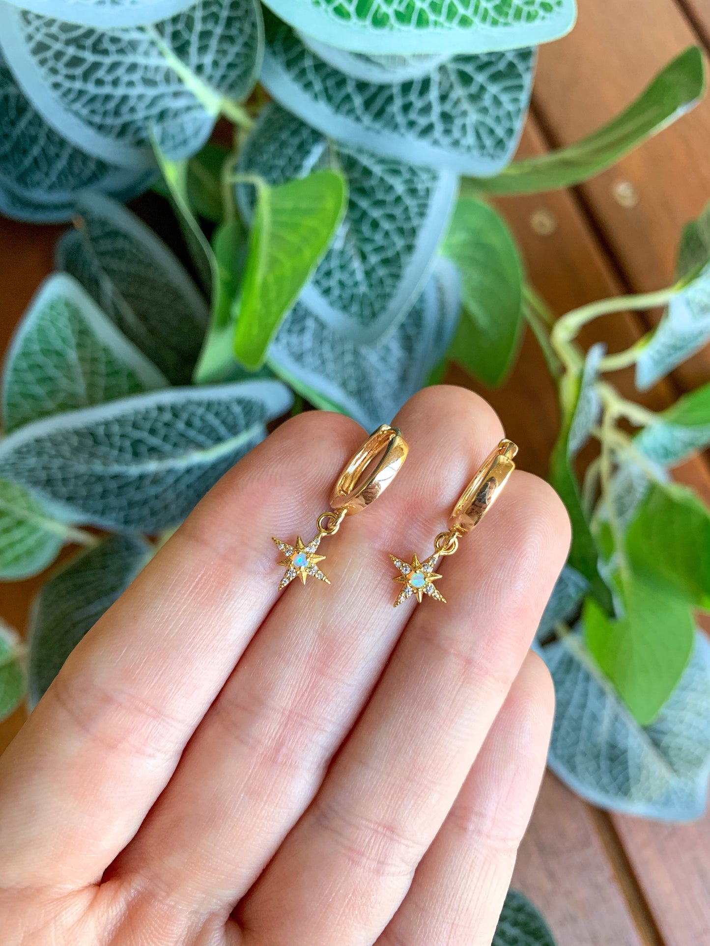 Gold Opal Star Huggies