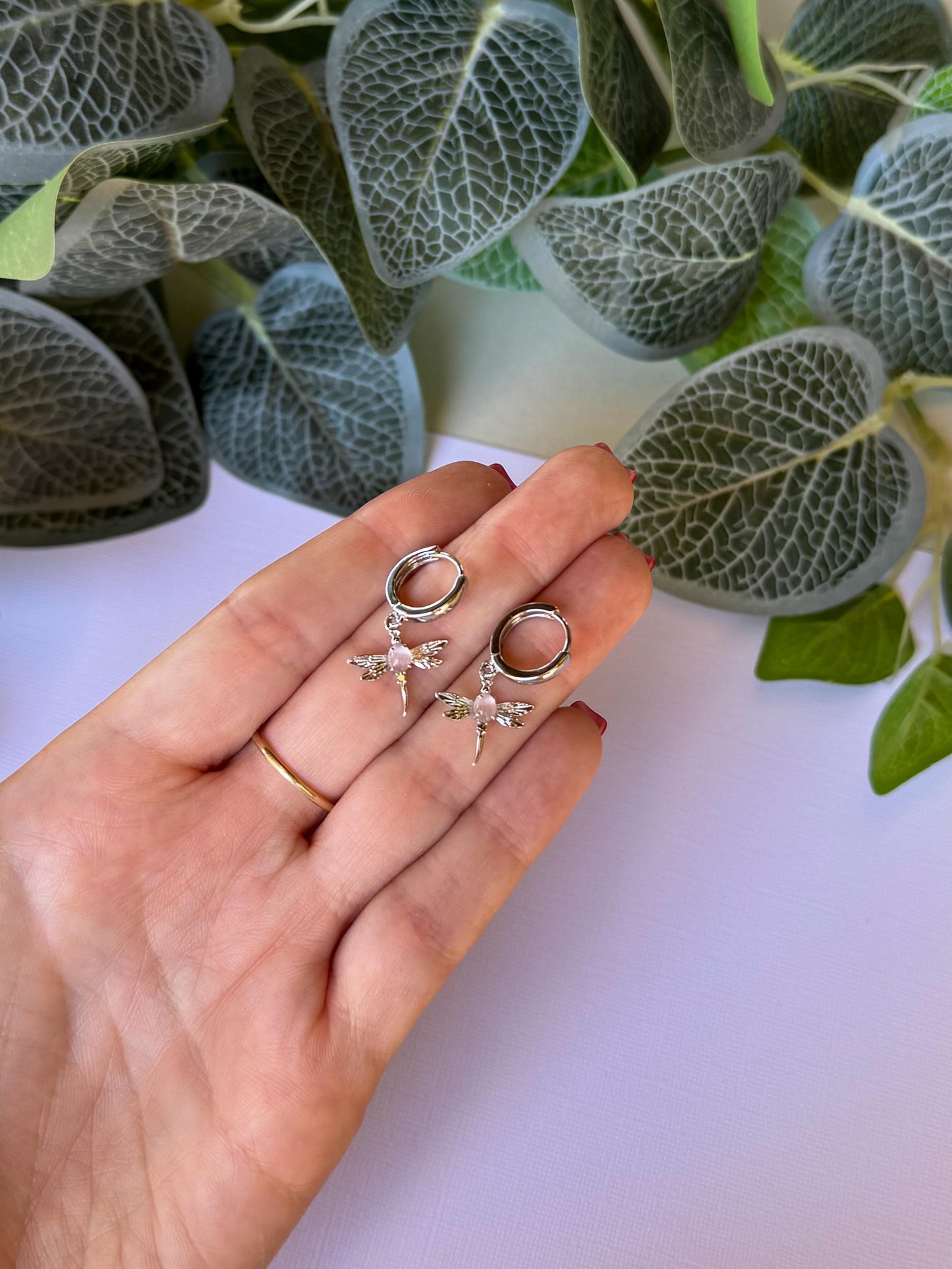 Silver Pink Dragonfly Huggies