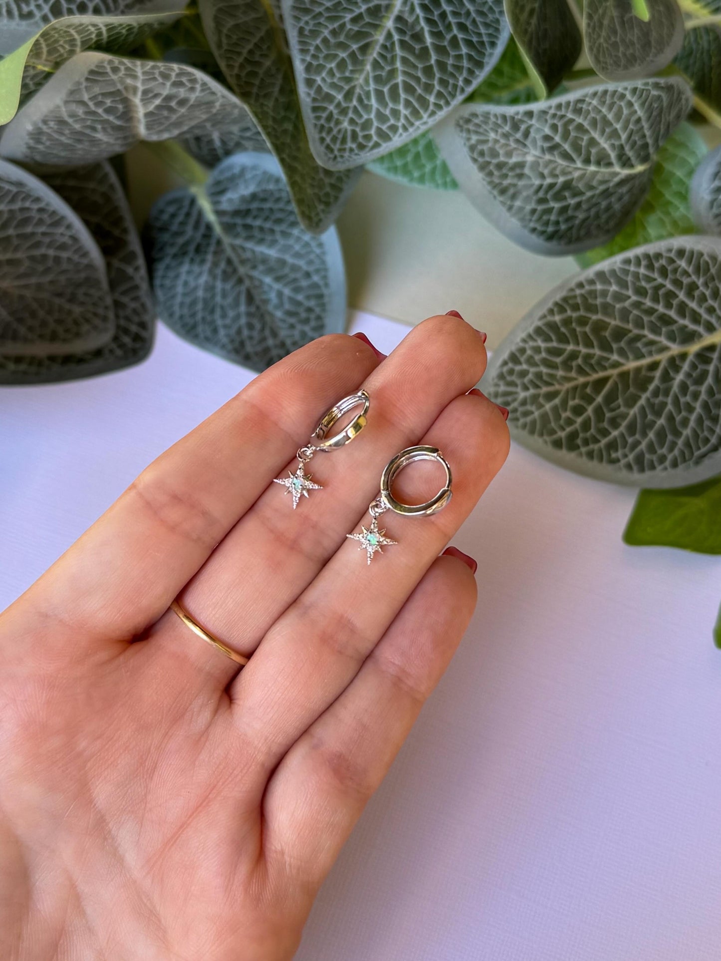Silver Opal Star Huggies