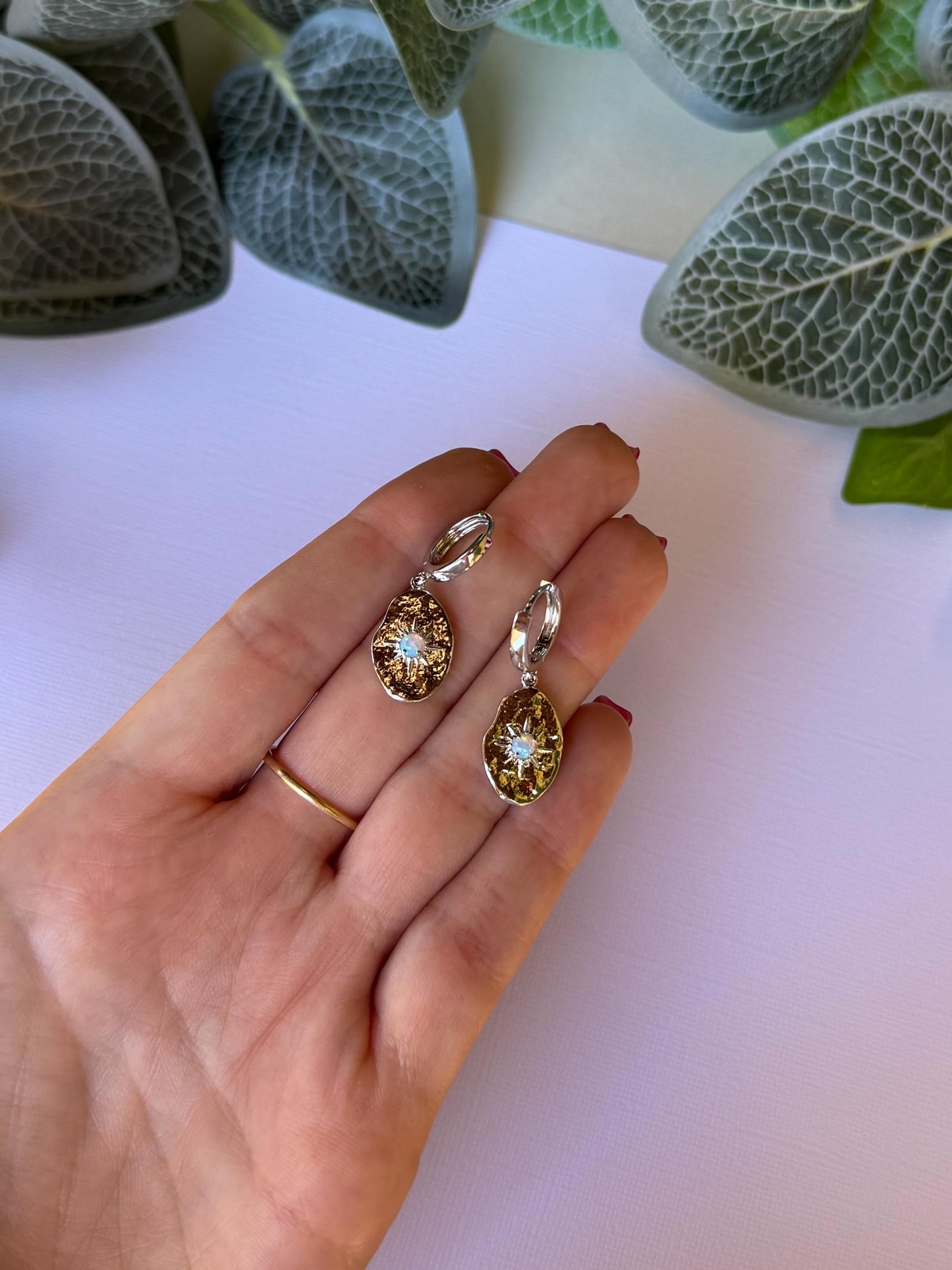Silver Oval Opal Huggies