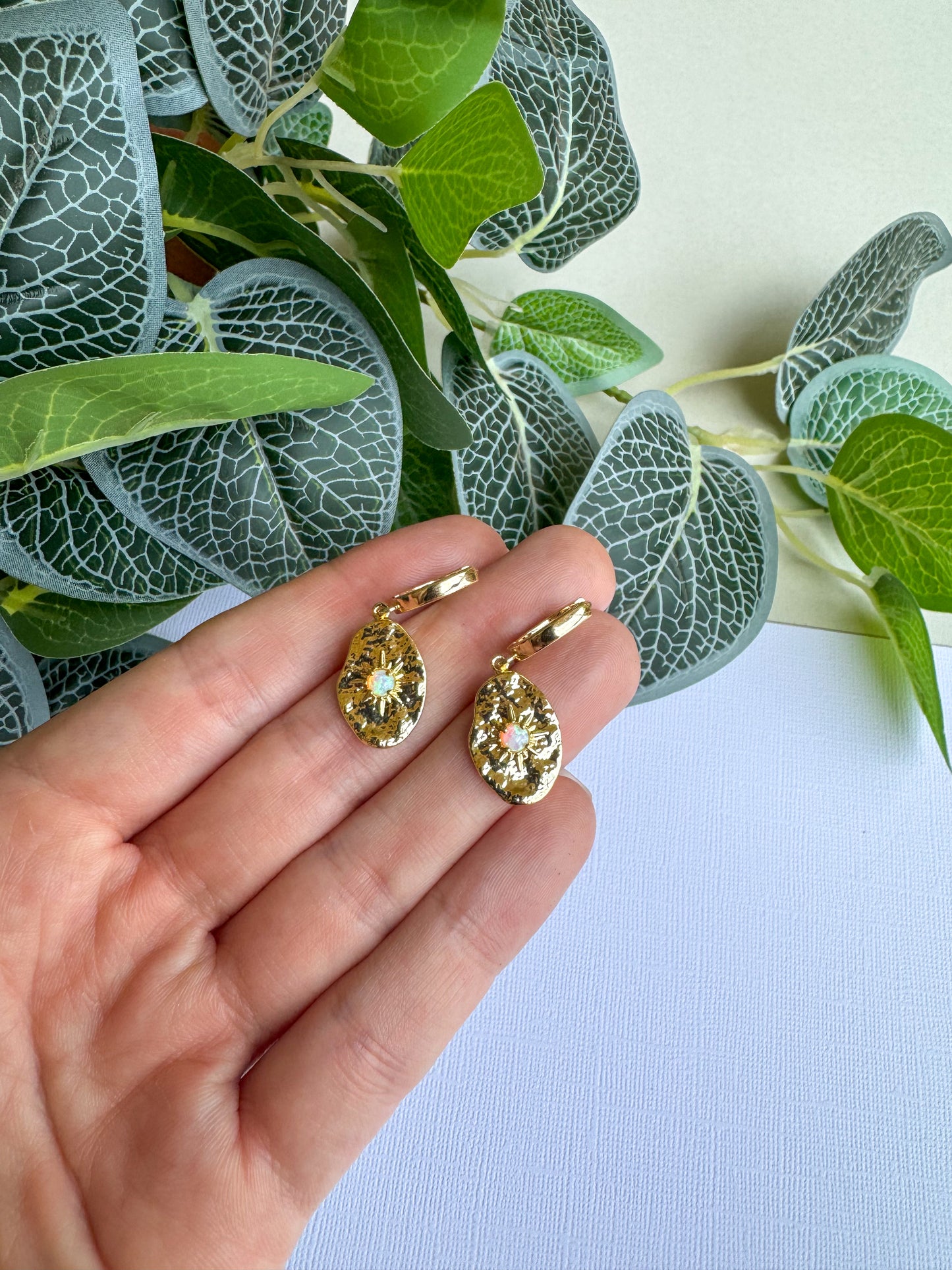 Gold Oval Opal Huggies