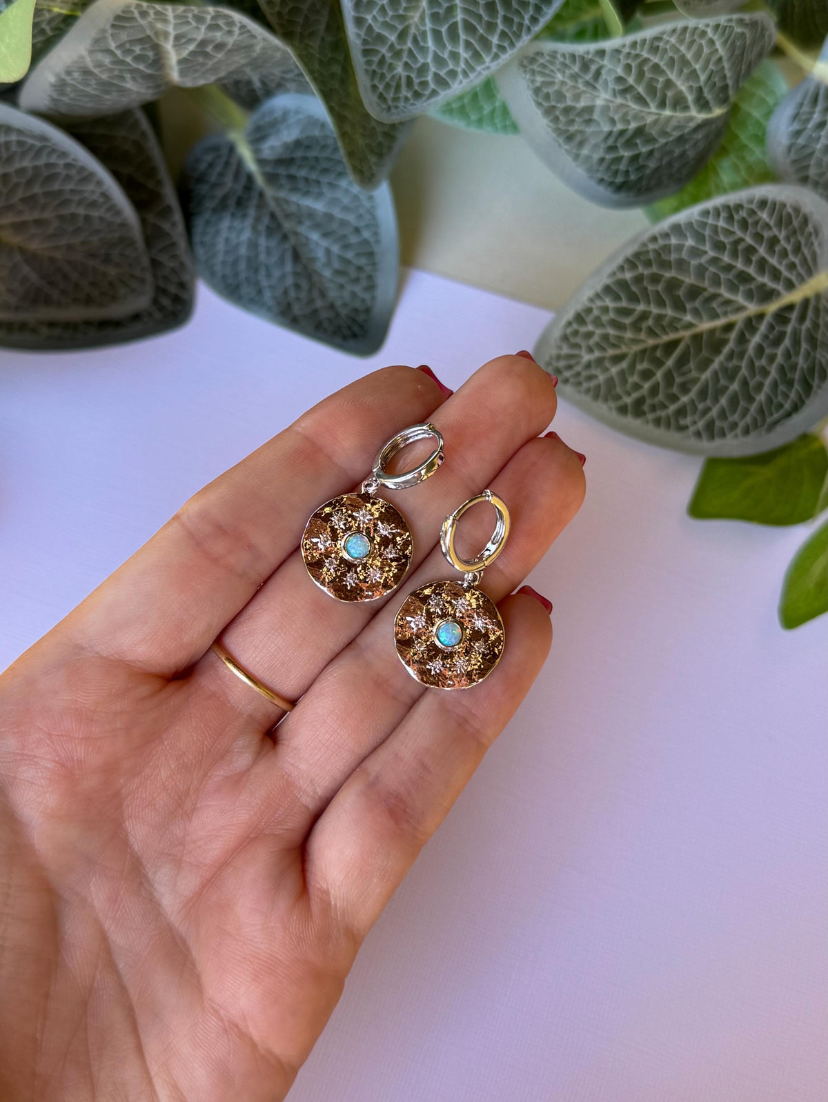 Silver Round Opal & Star Huggies