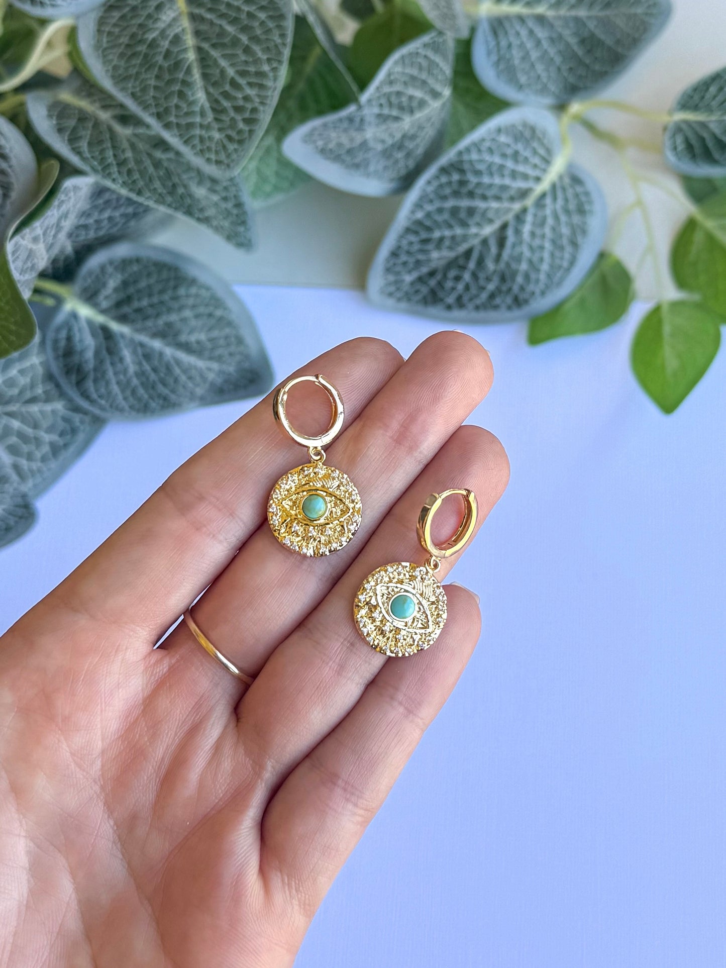 Turquoise Eye Gold Huggies