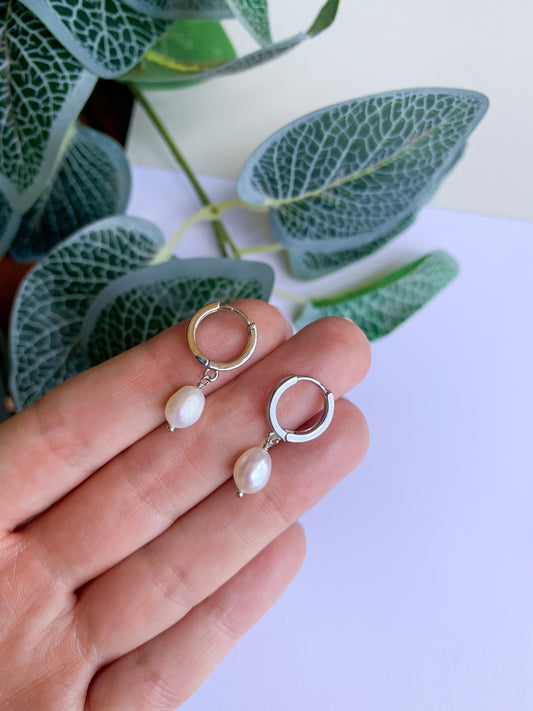 Silver Freshwater Pearl Huggies