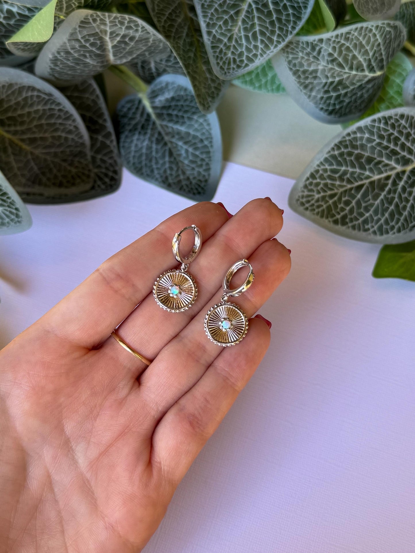 Silver Round Opal Huggies