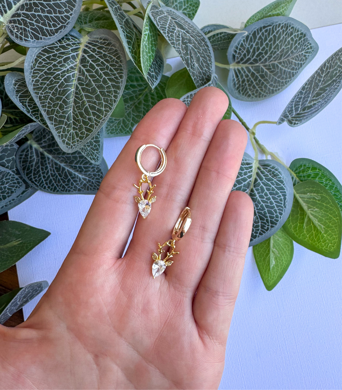 Gold CZ Reindeer Huggies