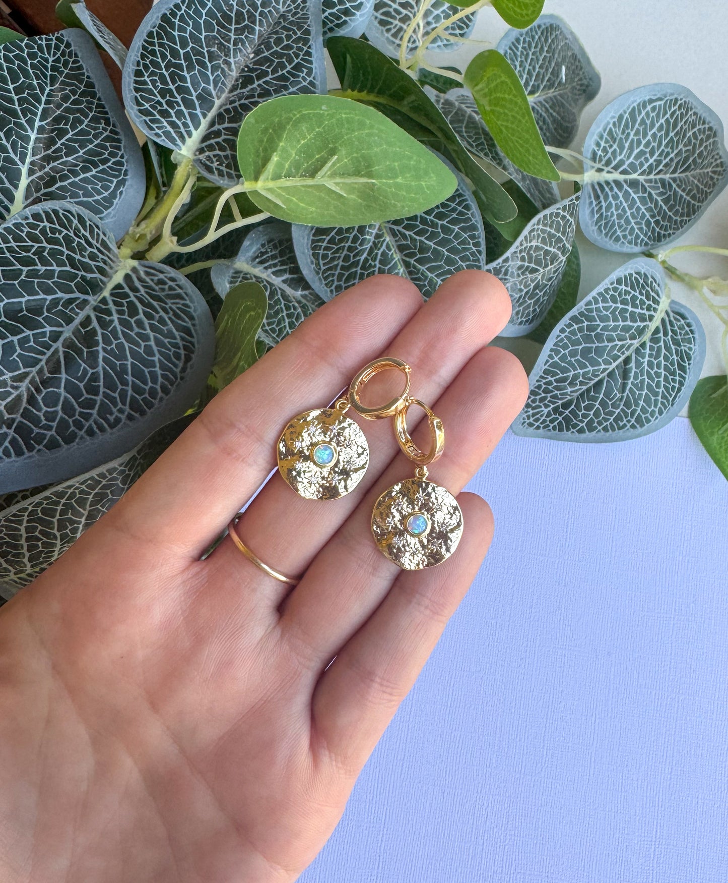 Gold Round Opal & Star Huggies