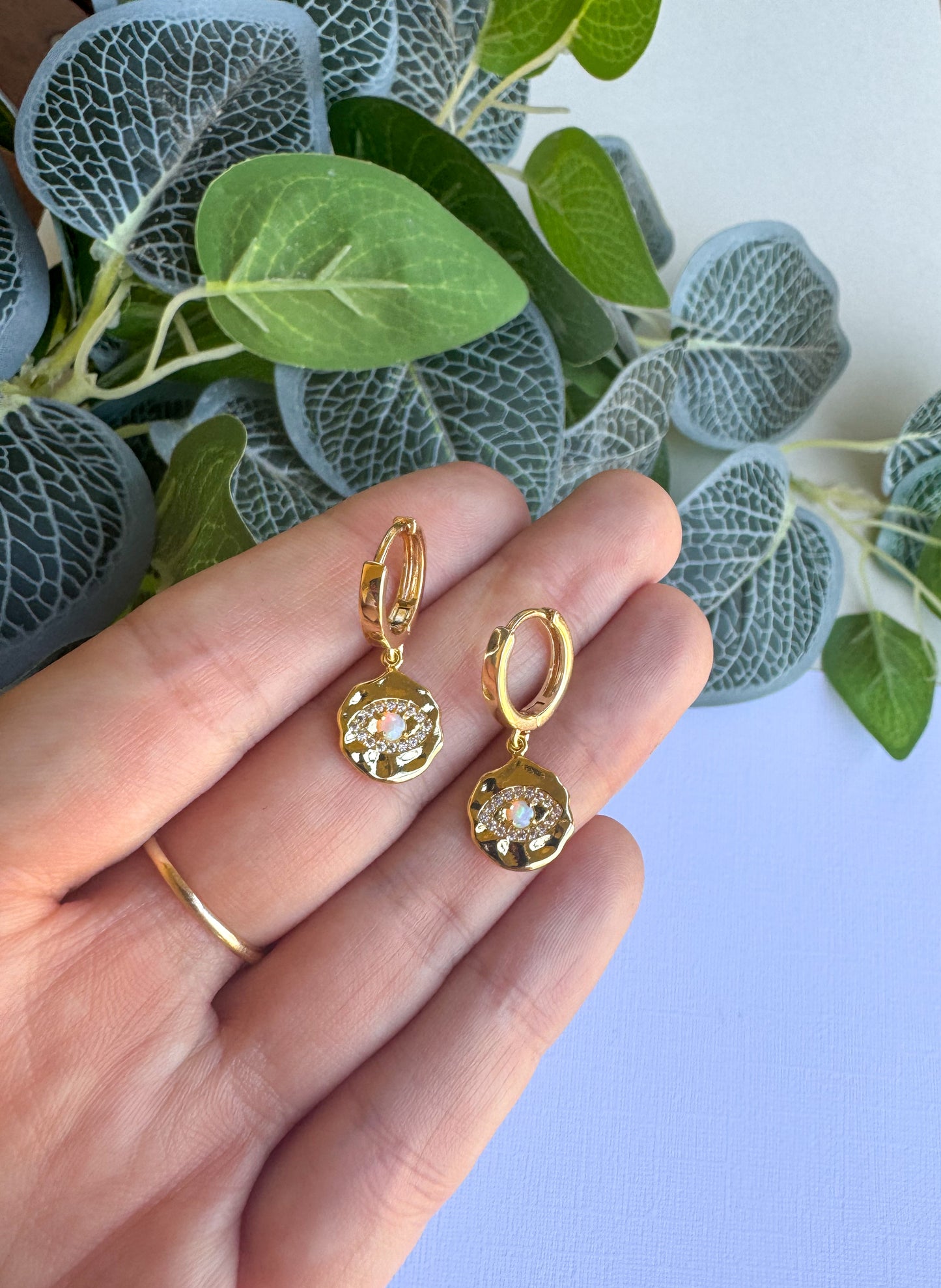 Gold Round Opal Eye Huggies